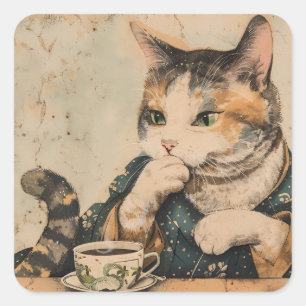 Vintage Japansk konst söt katt med kopp te Fyrkantigt Klistermärke