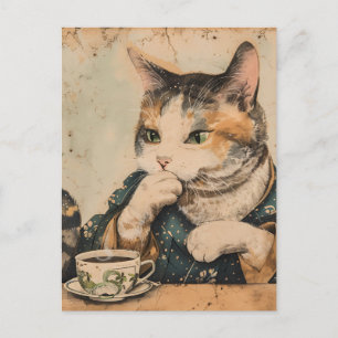 Vintage Japansk konst söt katt med kopp te Vykort