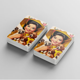 Vintage japansk kvinna och valpar casinokort