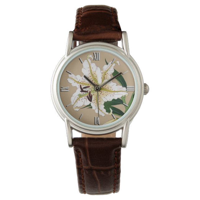 Vintage Japansk liliy. Vit, Grönt och Beige Armbandsur (Framsida)