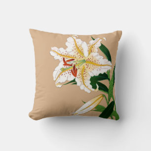 Vintage Japansk liliy. Vit, Grönt och Beige Kudde
