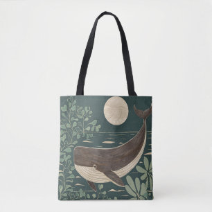 Vintage Japansk Linocut Whale i oceanen Tygkasse