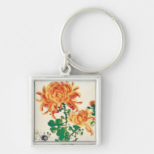 Vintage Japansk målning av Chrysanthemums Fyrkantig Silverfärgad Nyckelring