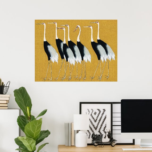 Vintage Japansk Röd Kronkran Guld Konst Poster (Hemmakontoret)