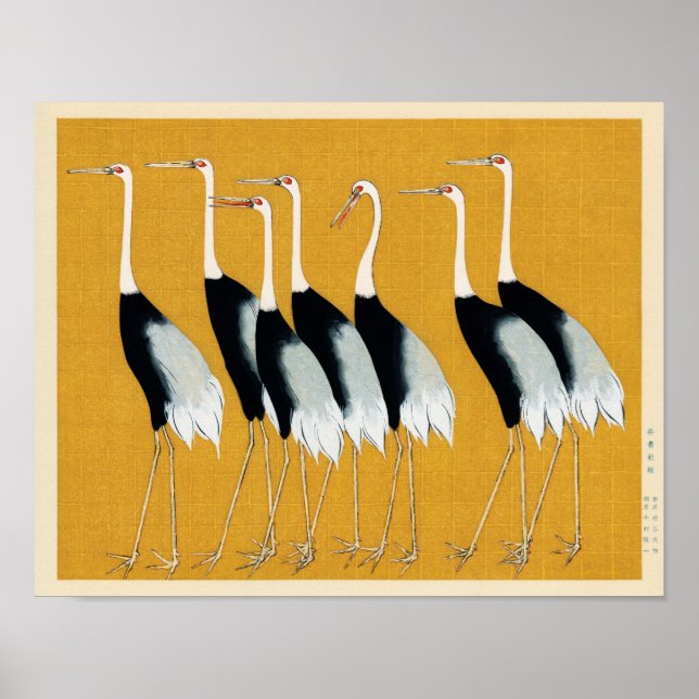 Vintage japansk rödbrun Krona Crane Illustration Poster (Framsidan)