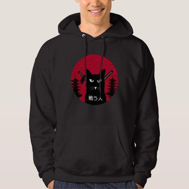 Vintage Japansk samurai black Cat Ninja Art Hoodie (Framsida)