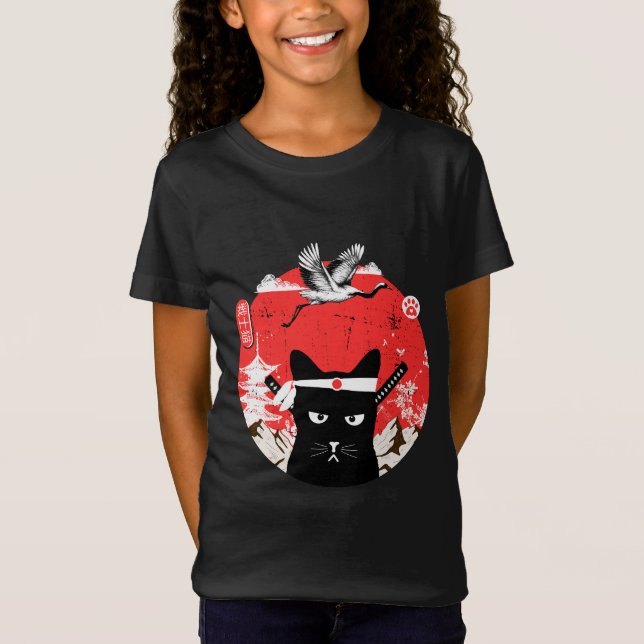 Vintage Japansk samurai black Cat T Shirt (Framsida)