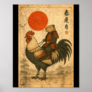 Vintage japansk samuraj capybara tupp höna poster