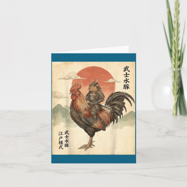 Vintage japansk samuraj capybara tupp kyckling  kort (Framsida)