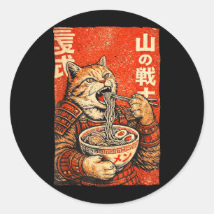 Vintage Japansk Samuraj Katt Ramen Ukiyo-E Grafisk Runt Klistermärke