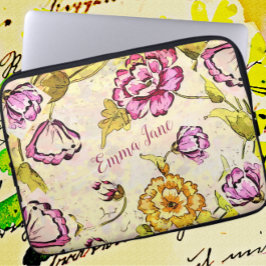 Vintage Japansk Söt Blommigt Vattenfärg och Bläck Laptop Fodral