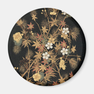Vintage Japansk Svart Guld Höst Blommig Konst Magnet