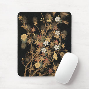 Vintage Japansk Svart Guld Höst Blommig Konst Musmatta