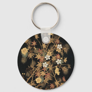 Vintage Japansk Svart Guld Höst Blommig Konst Nyckelring