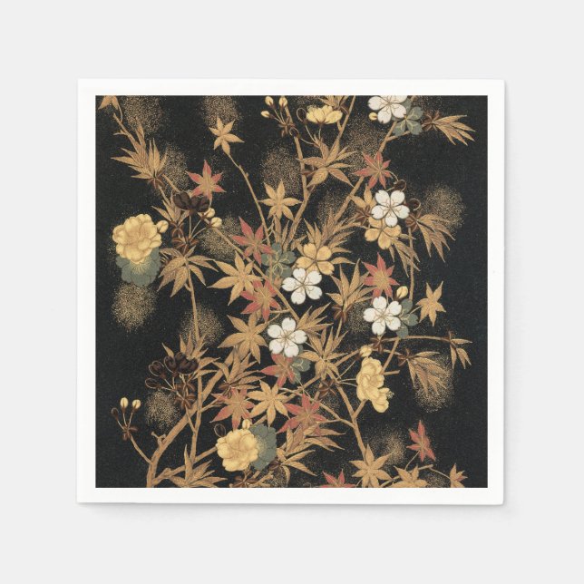 Vintage Japansk Svart Guld Höst Blommig Konst Pappersservett (Framsidan)