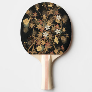 Vintage Japansk Svart Guld Höst Blommig Konst Pingisracket