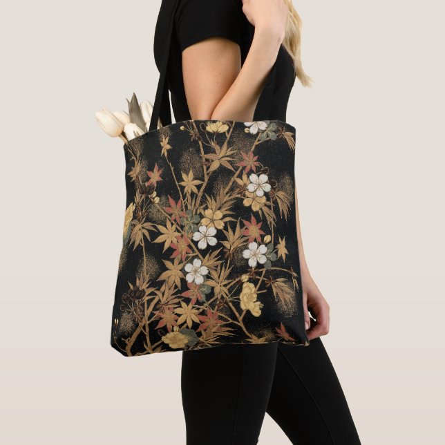 Vintage Japansk Svart Guld Höst Blommig Konst Tygkasse (Närbild)