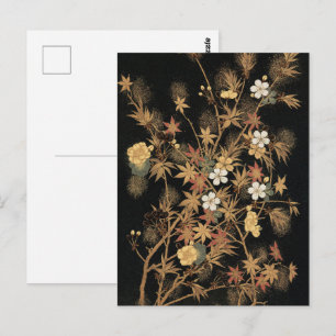 Vintage Japansk Svart Guld Höst Blommig Konst Vykort