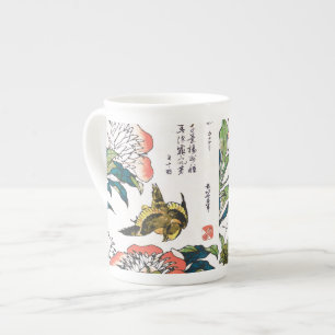 Vintage japansk teckning, peonior och sparv benporslin mugg