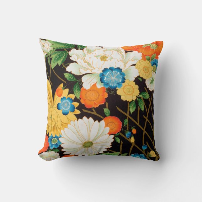 Vintage Japansk textil, Blommigt Kudde (Framsida)