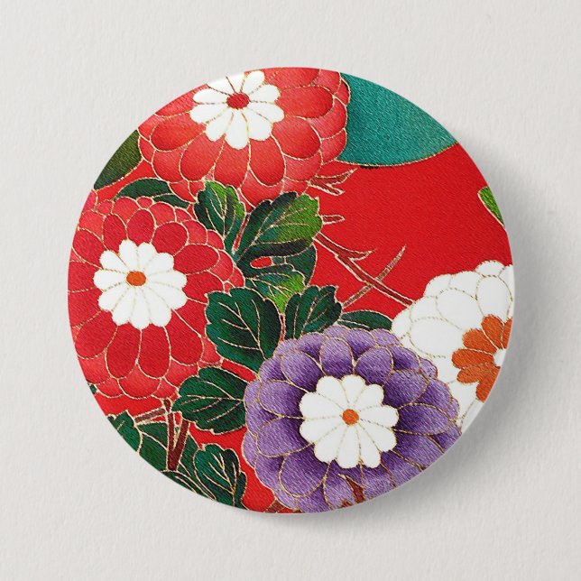 Vintage Japansk textil - Red Dahlias Knapp (Framsida)