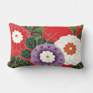 Vintage japansk textil - röda dahlior lumbarkudde