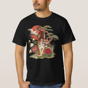 Vintage Japansk Tiger Crane Art - Retro Linocut T Shirt