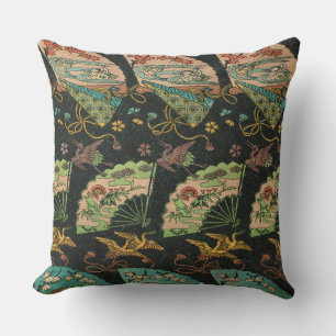 Vintage Japansk Trana & Fläkt Blommig Konstnärlig Kudde