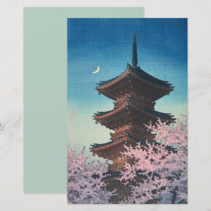 Vintage Japansk Träsnittsfyr Pagod Kväll Vår