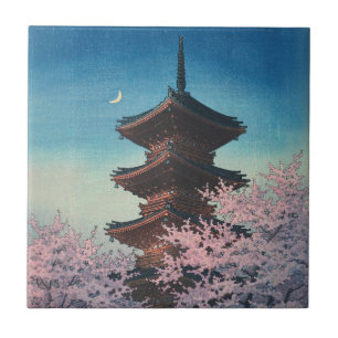 Vintage Japansk Träsnittsfyr Pagod Kväll Vår Kakelplatta