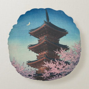 Vintage Japansk Träsnittsfyr Pagod Kväll Vår Rund Kudde
