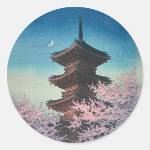 Vintage Japansk Träsnittsfyr Pagod Kväll Vår Runt Klistermärke