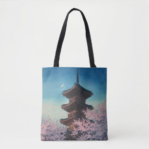 Vintage Japansk Träsnittsfyr Pagod Kväll Vår Tygkasse