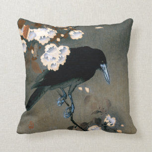 Vintage japansk trästämpeltryck av kråka och blomm kudde