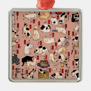 Vintage Japansk Ukiyo-e Kattmönster: Kuniyoshi Julgransprydnad Metall