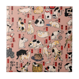 Vintage Japansk Ukiyo-e Kattmönster: Kuniyoshi Kakelplatta