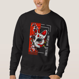 Vintage japansk urban stil retro maskerad räv oni lång ärmad tröja