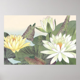 Vintage Japansk Woodblock White Lotus Flower Poster