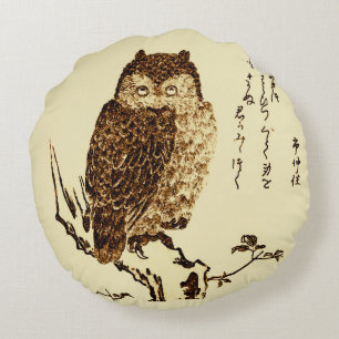 Vintage Japanska Bläck Sketch av Uggla Rund Kudde