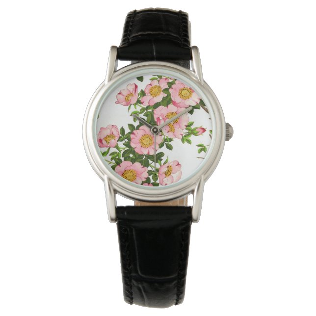 Vintage Japanska Blommar, Rosa och Guld Armbandsur (Framsida)