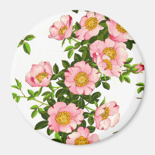 Vintage Japanska Blommar, Rosa och Guld Magnet