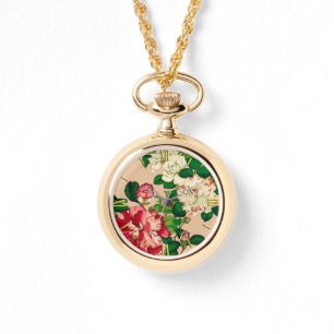 Vintage Japanska Camellias. Djup Rosa på Beige Armbandsur