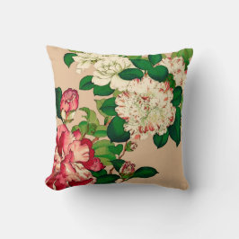 Vintage Japanska Camellias. Djup Rosa på Beige Kudde