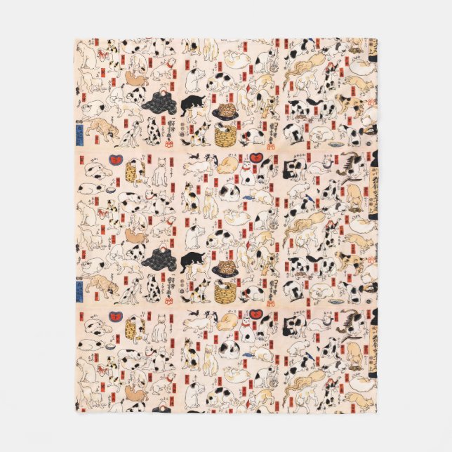 Vintage Japanska Cats Menagerie Woodblock Ukiyo-e Fleecefilt (Framsidan)