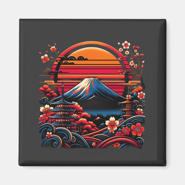 Vintage Japanska Cherry Blommar Sakura Mount Fuji Magnet (Framsidan)