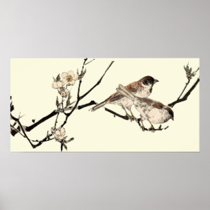 Vintage Japanska fåglar och Blommar från körsbär Poster