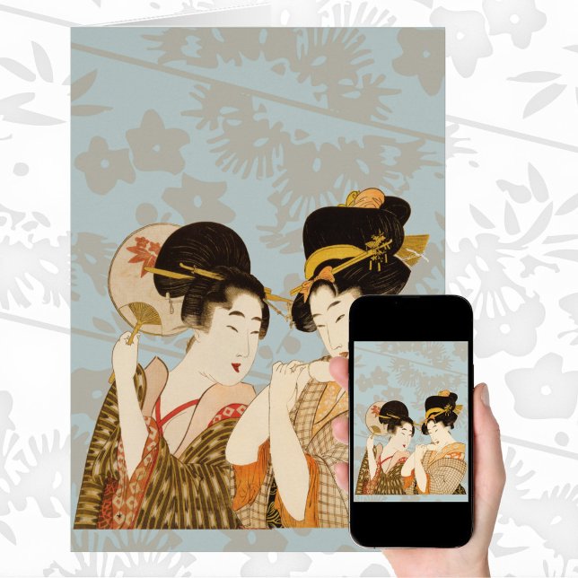 Vintage japanska geishaflickor i kimonoer hälsningskort (Skapare uppladdad)