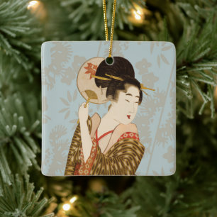 Vintage japanska geishaflickor i kimonoer julgransprydnad keramik
