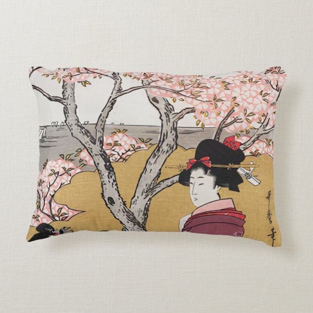 Vintage Japanska kvinnor och körsbärsblommar Prydnadskudde (Baksidan)