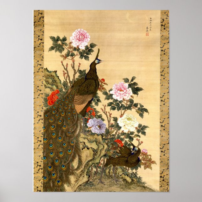 Vintage Japanska peacocks & Peonies Poster (Framsidan)